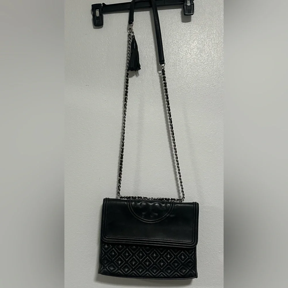 Tory Burch Fleming Shoulder Bag Black/silver Crossbody Chain Strap